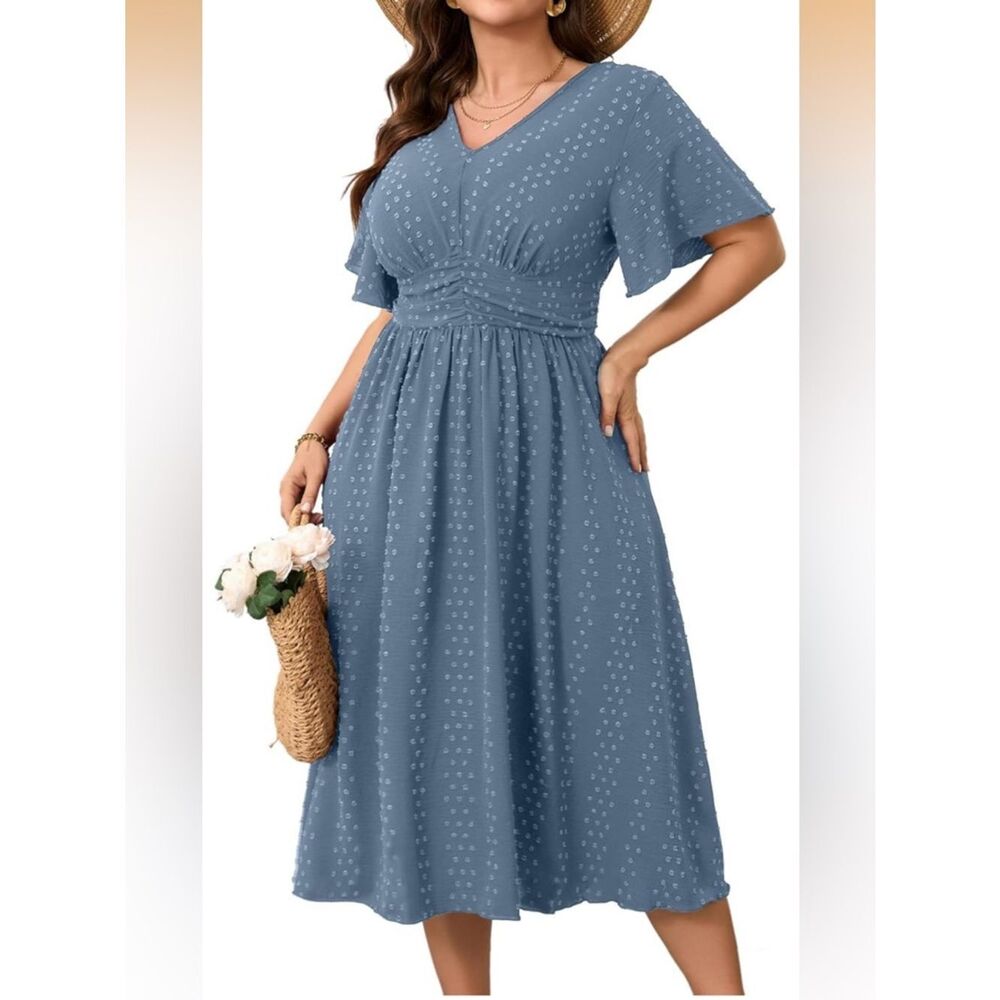NWT -Maxi Dress V Neck Swiss Dot A Line High Waist Boho Swing Dresses - Picture 1 of 3